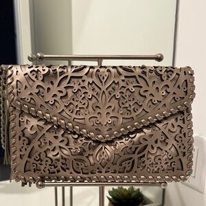 Laser-Cut Envelope Clutch in Metallic Bronze